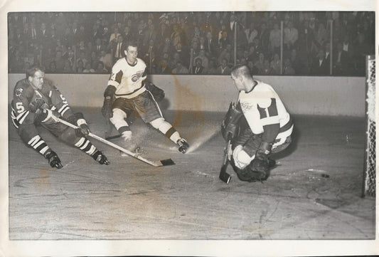 Terry Sawchuk trying to defend goal Original 1961 photo