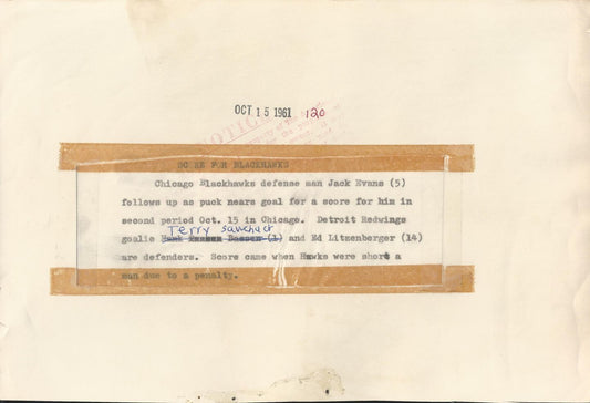 Terry Sawchuk trying to defend goal Original 1961 photo