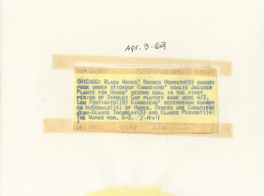 Jacques Plante Stanley Cup playoffs original photo 1962