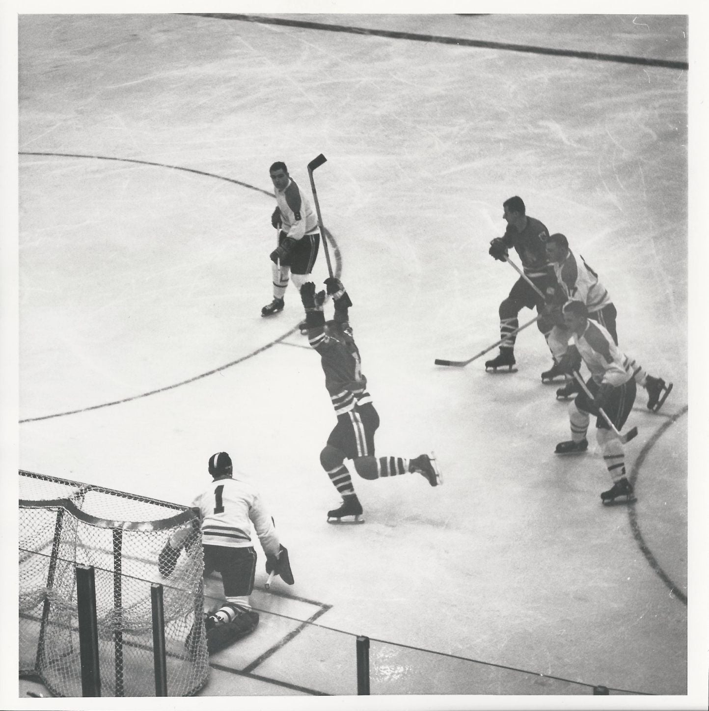 Bronco Horvath scores on Jacques Plante with Red Fleming original photo 1962