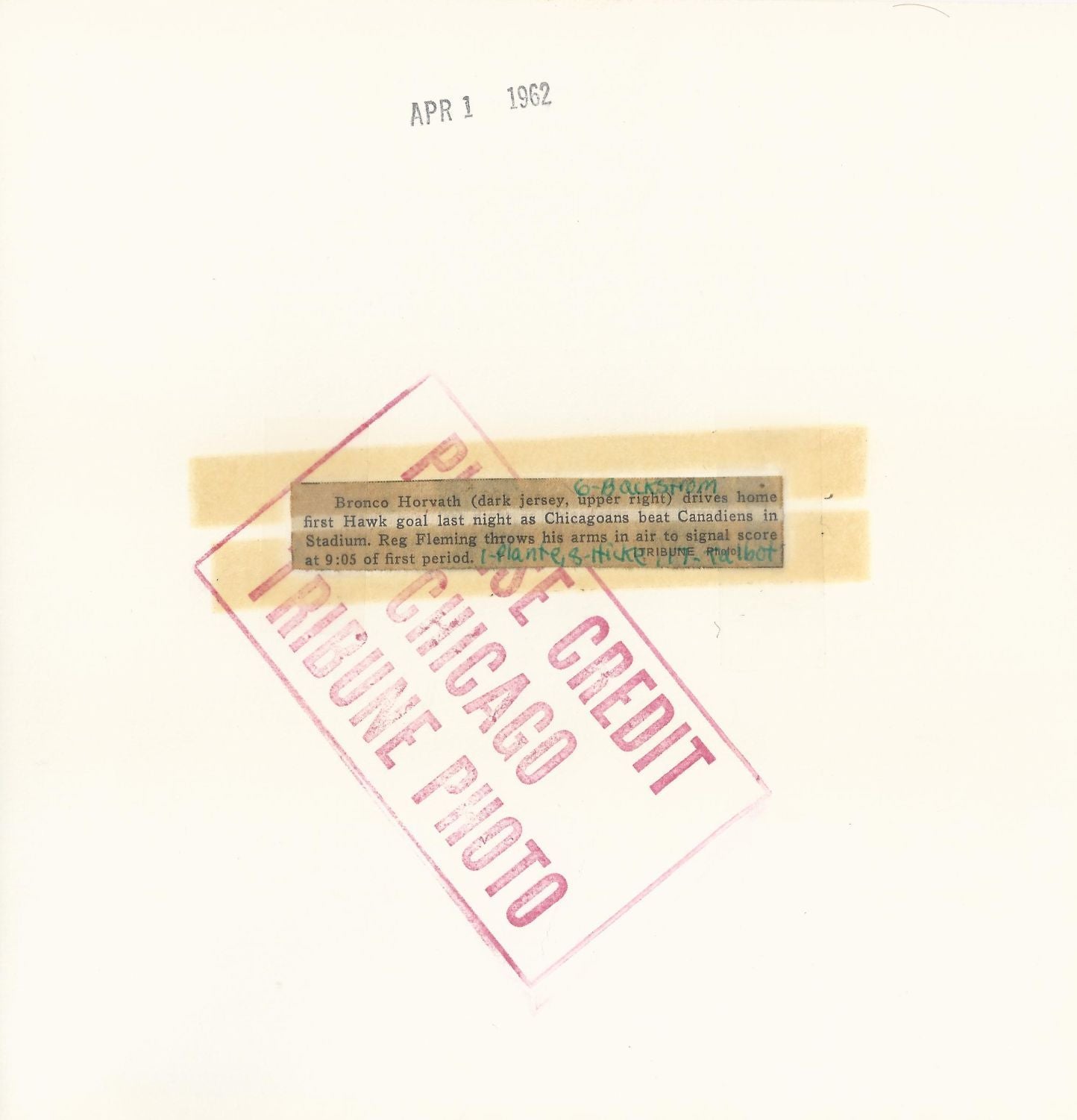 Bronco Horvath scores on Jacques Plante with Red Fleming original photo 1962