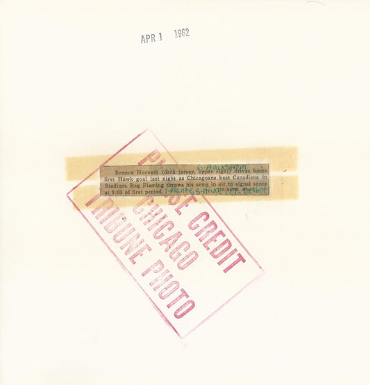 Bronco Horvath scores on Jacques Plante with Red Fleming original photo 1962