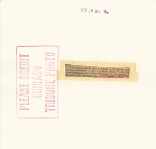 Nesterenko scores on Terry Sawchuk original 1961 photo