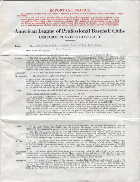 Johnny Broaca Signed 1935 NY Yankees Contract - Harridge