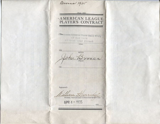 Johnny Broaca Signed 1935 NY Yankees Contract - Harridge