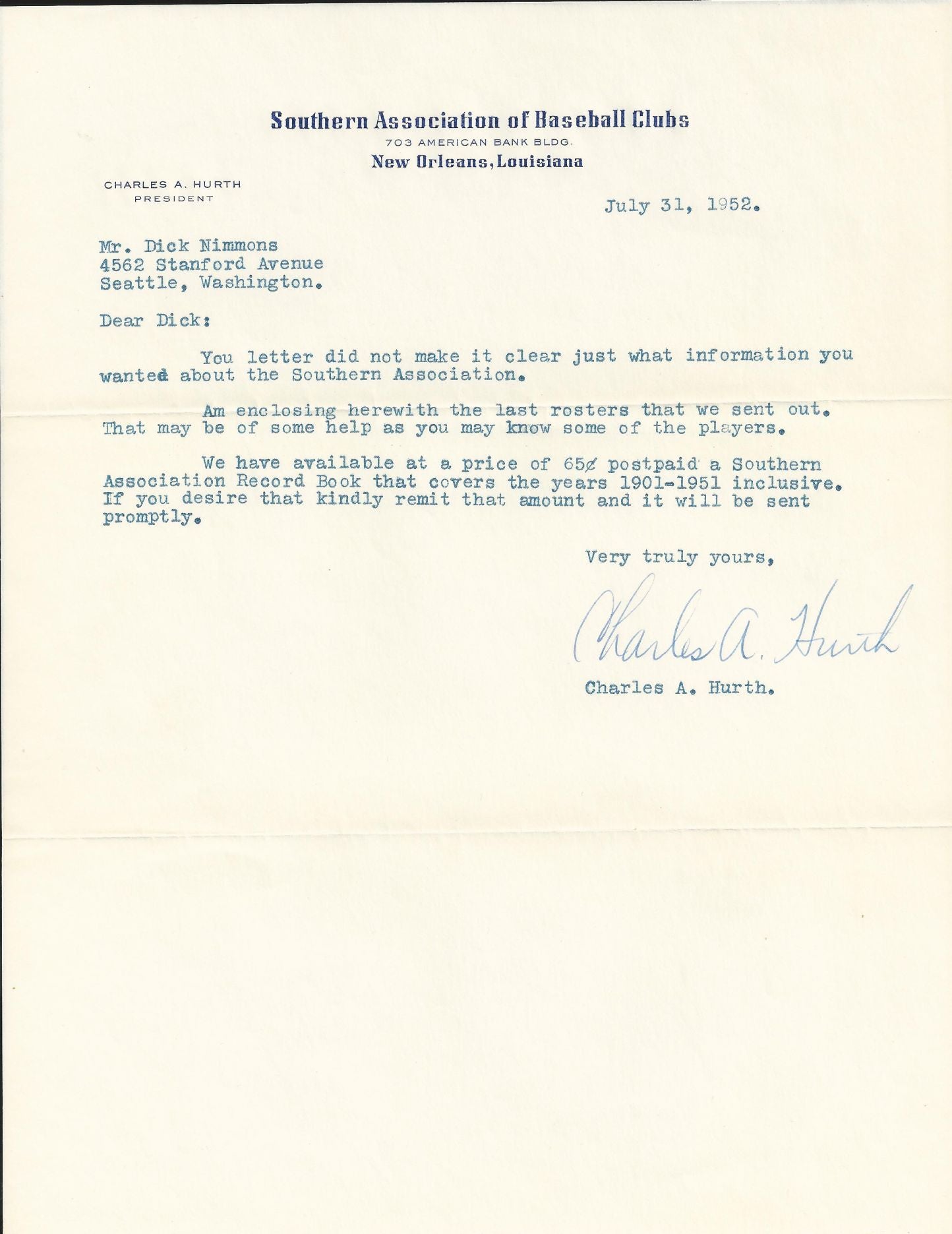 Charles Hurth signed letter 1st GM of NY Mets Southern Association