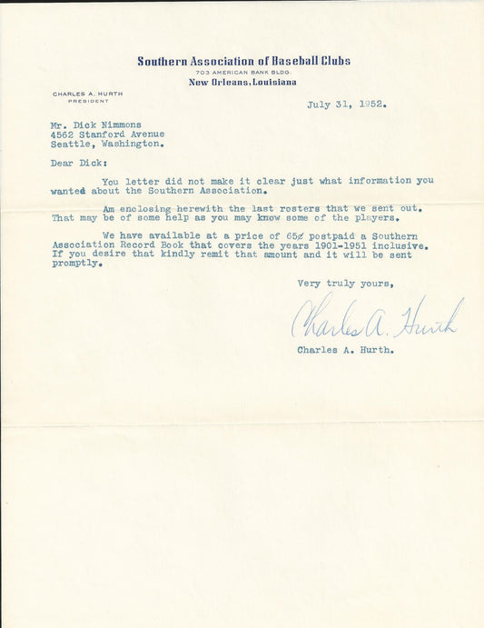 Charles Hurth signed letter 1st GM of NY Mets Southern Association