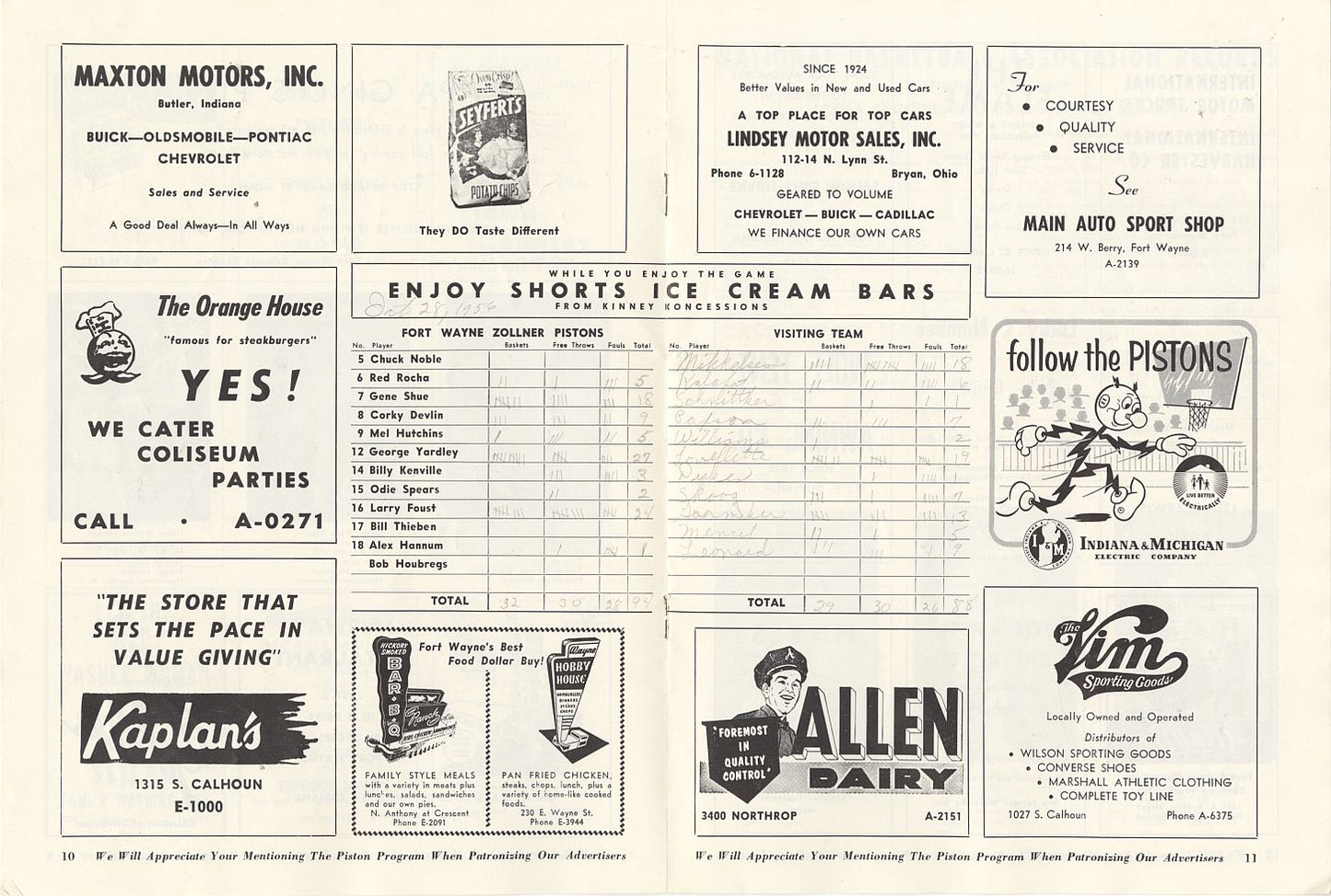 October 28, 1956 Ft. Wayne Pistons vs. Minneapolis Lakers Program & Ticket Stub – George Yardley 27 Pts. – Opening Night in Ft. Wayne