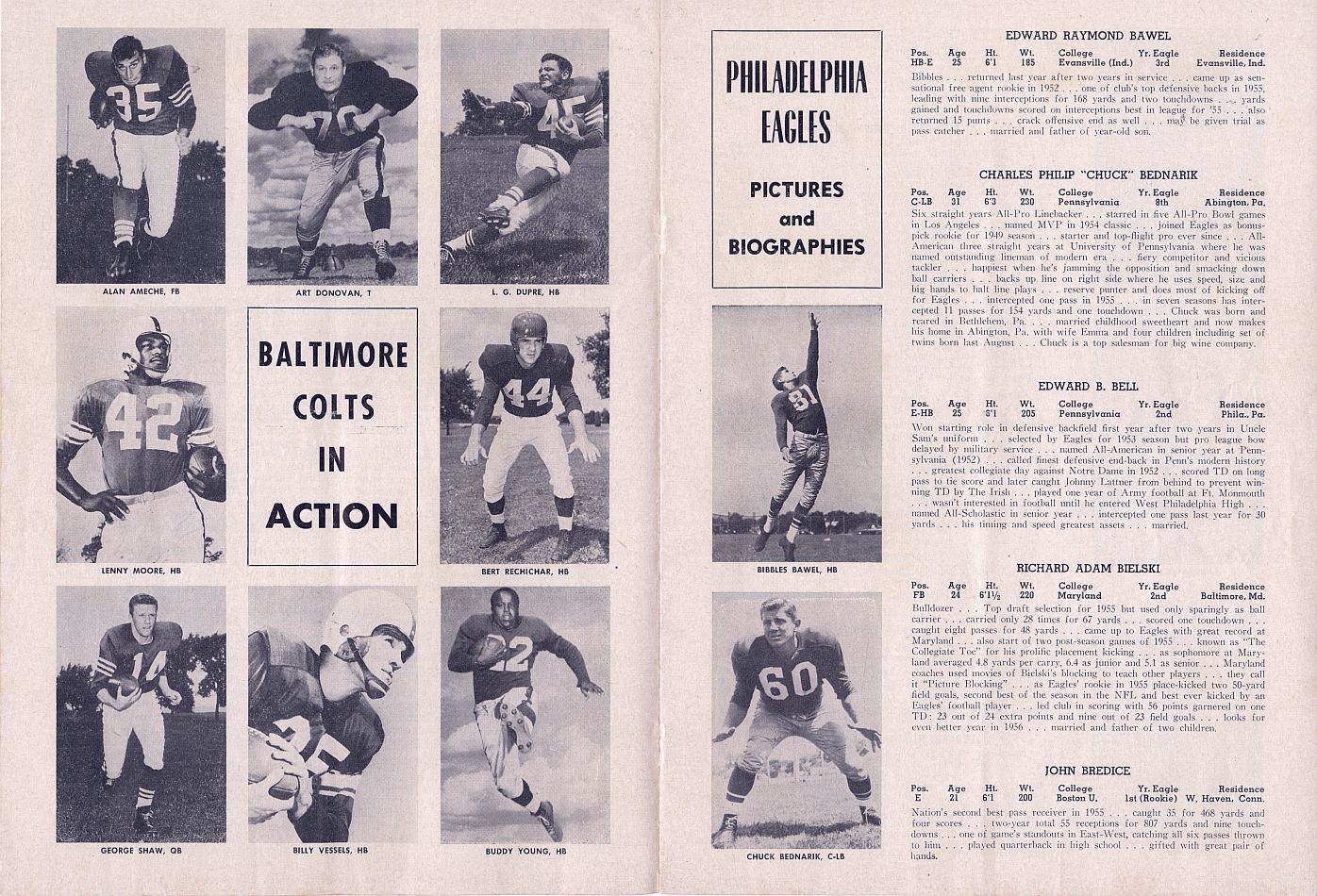 1956 Johnny Unitas NFL Debut Colts vs. Eagles Football Program