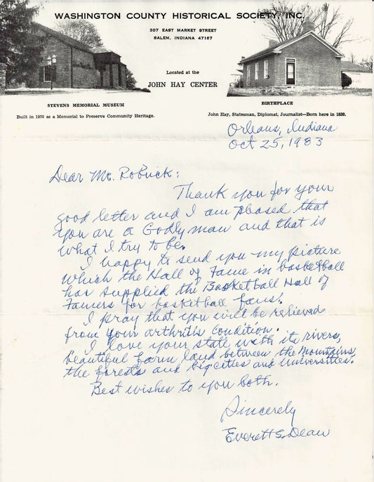Everett Dean signed handwritten letter Basketball HOF Deceased