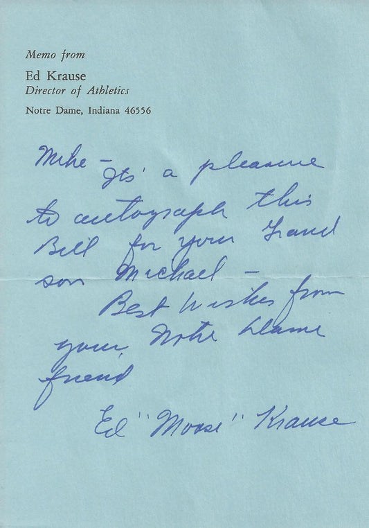 Ed Moose Krause signed letter Basketball HOF - Notre Dame Football