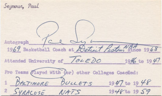 Paul Seymour signed 3x5 Bullets - Nats - Hawks