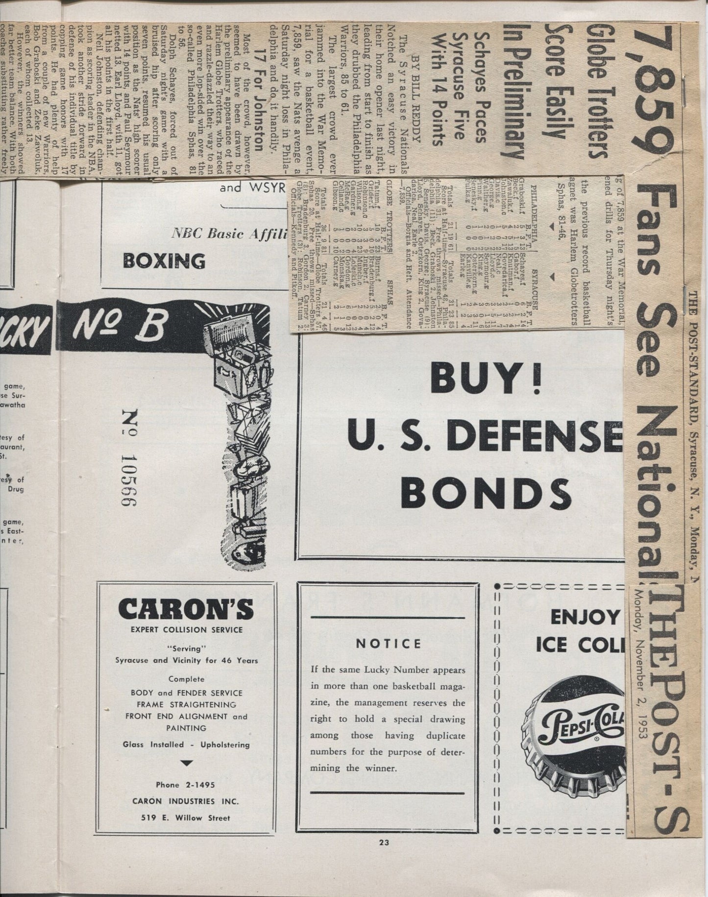 1953 Warriors vs Nationals Globetrotters vs Sphas basketball program with ticket stub