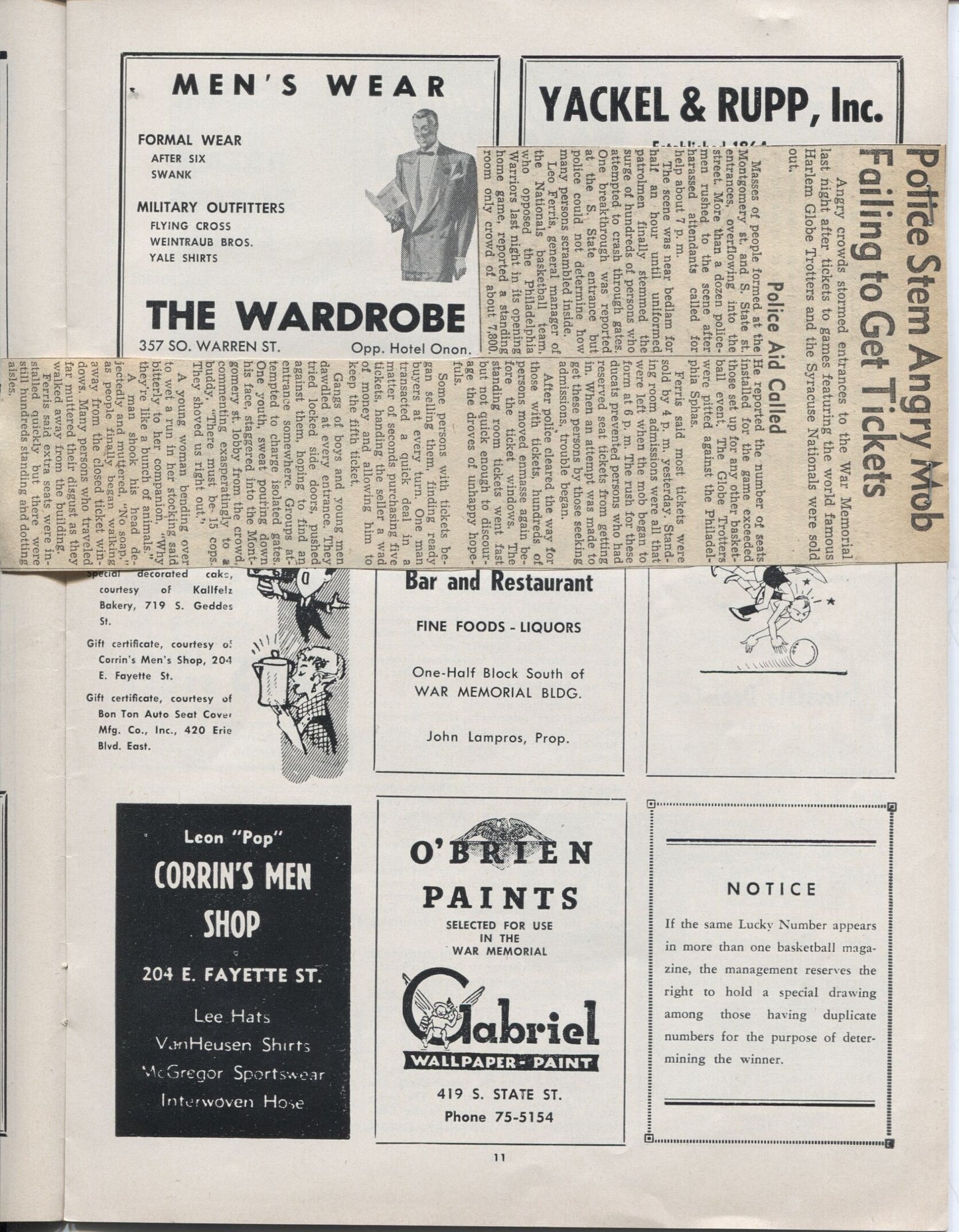 1953 Warriors vs Nationals Globetrotters vs Sphas basketball program with ticket stub