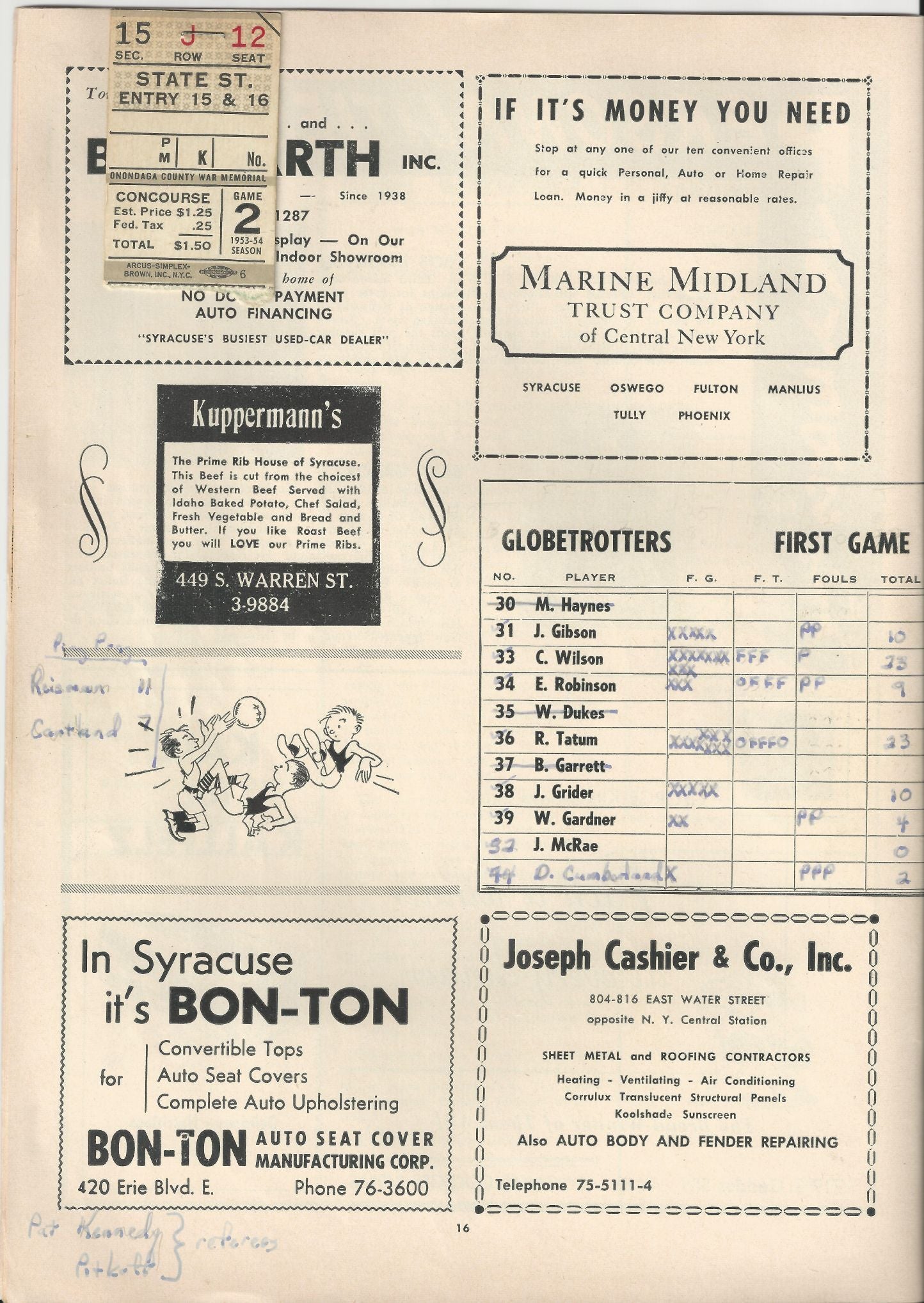 1953 Warriors vs Nationals Globetrotters vs Sphas basketball program with ticket stub