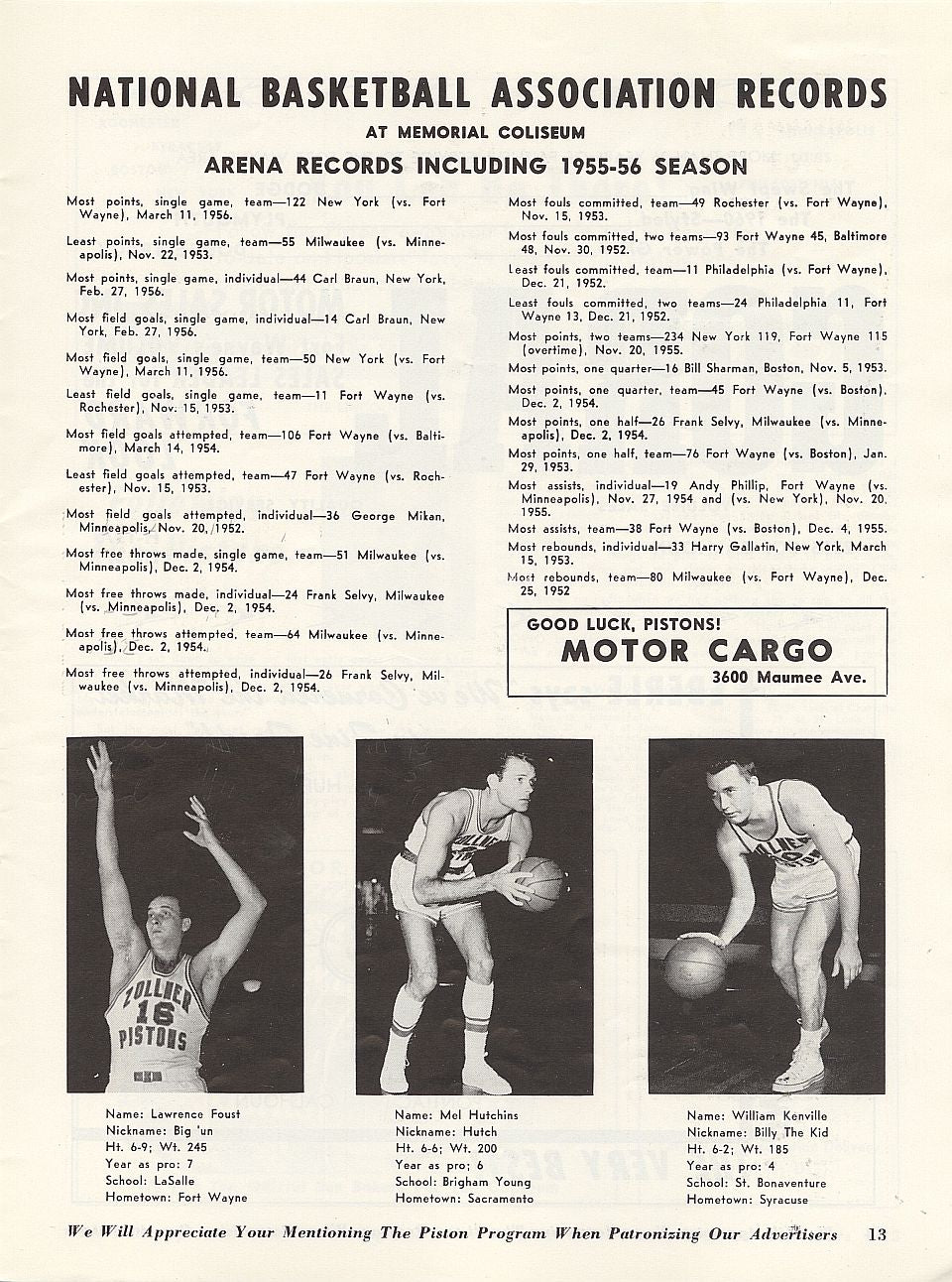 October 28, 1956 Ft. Wayne Pistons vs. Minneapolis Lakers Program & Ticket Stub – George Yardley 27 Pts. – Opening Night in Ft. Wayne