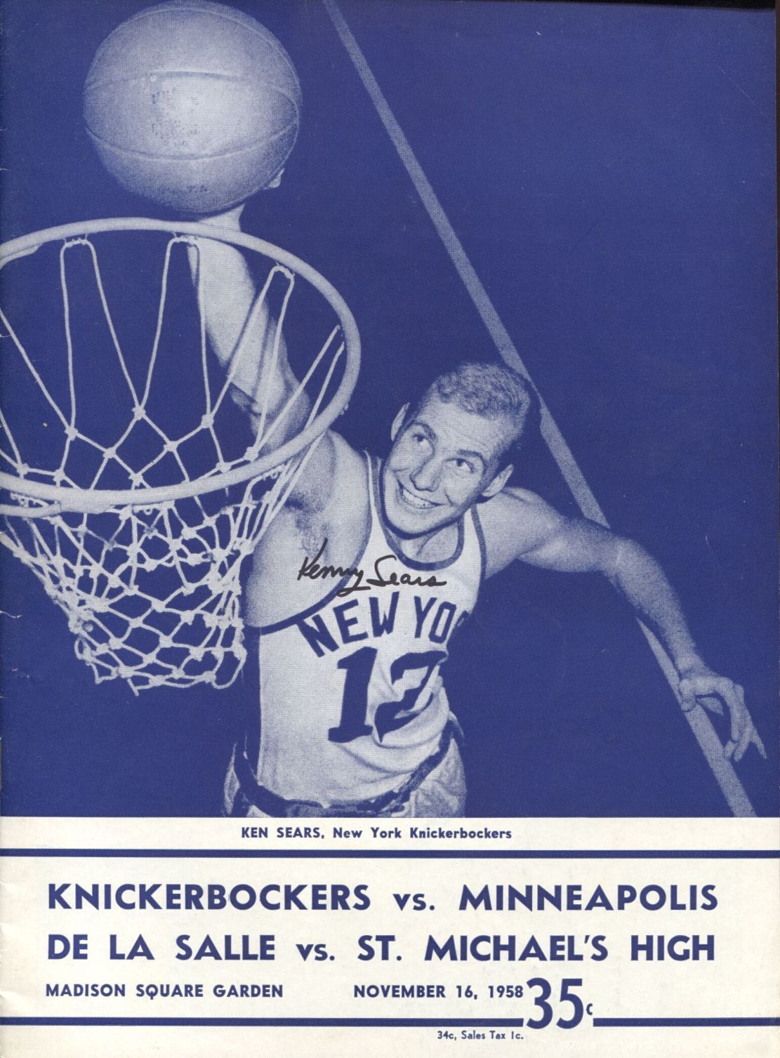 1958 New York Knicks vs. Minneapolis Lakers signed by All-Star Kenny Sears