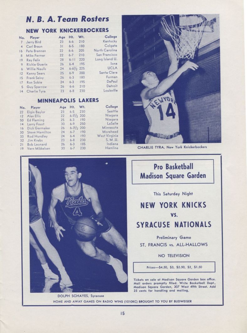 1958 New York Knicks vs. Minneapolis Lakers signed by All-Star Kenny Sears