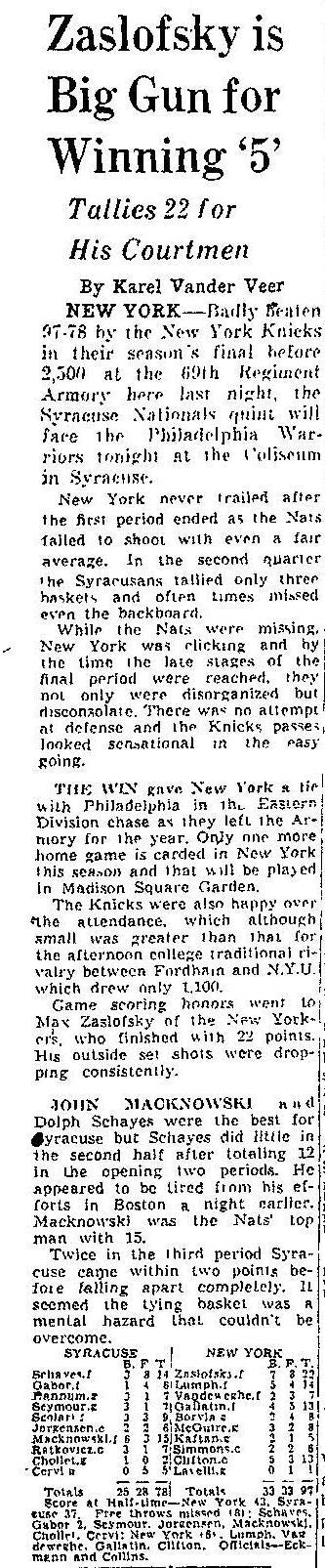 1951 New York Knicks vs Syracuse Nationals Basketball Program 2500 attendance