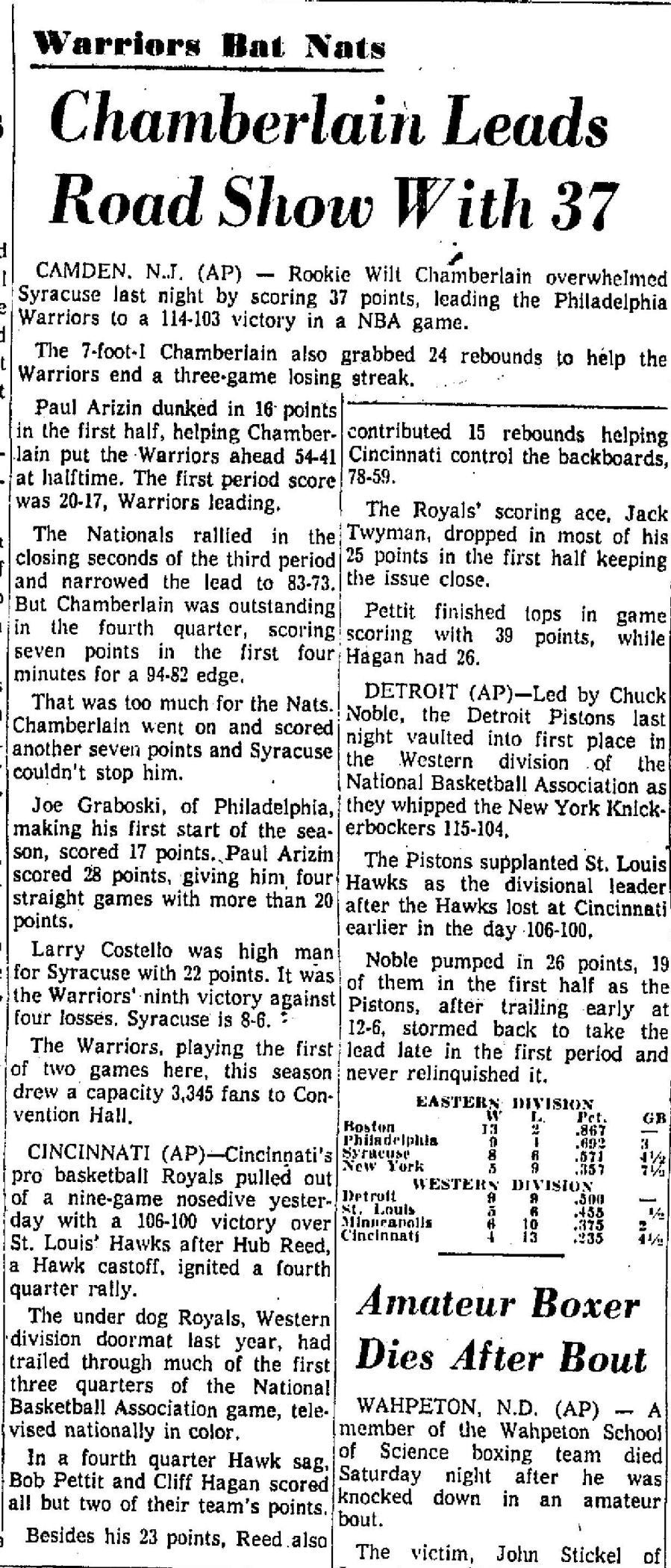 1959 Philadelphia Warriors Syracuse Nationals basketball program Chamberlain 37 pts