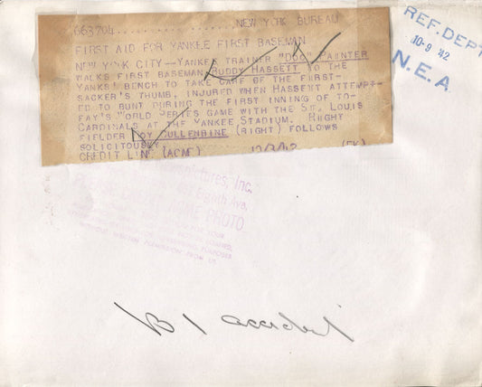 1942 Yankees Bud Hassett & Doc Painter World Series - original photo