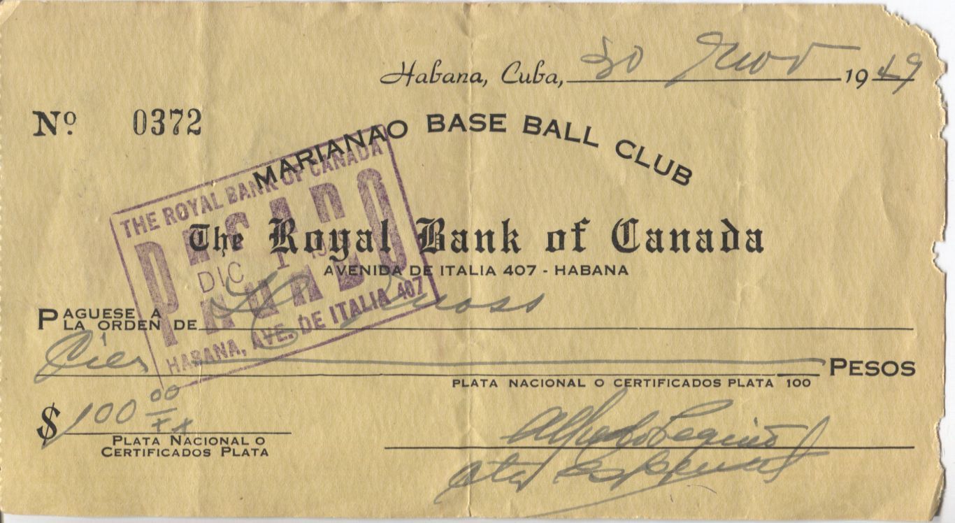 Howie Moss Signed Endorsed 1949 Marianao Baseball Club Check - Giants - Reds - Indians - Orioles