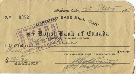 Howie Moss Signed Endorsed 1949 Marianao Baseball Club Check - Giants - Reds - Indians - Orioles