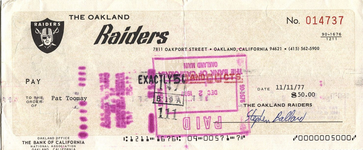 Pat Toomay Signed Oakland Raiders payroll Check Cowboys - Any Given Sunday Author