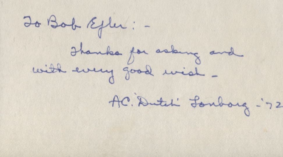 AC Arthur Dutch Lonborg signed note 3x5 Card Basketball HOF