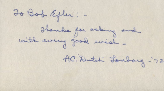 AC Arthur Dutch Lonborg signed note 3x5 Card Basketball HOF