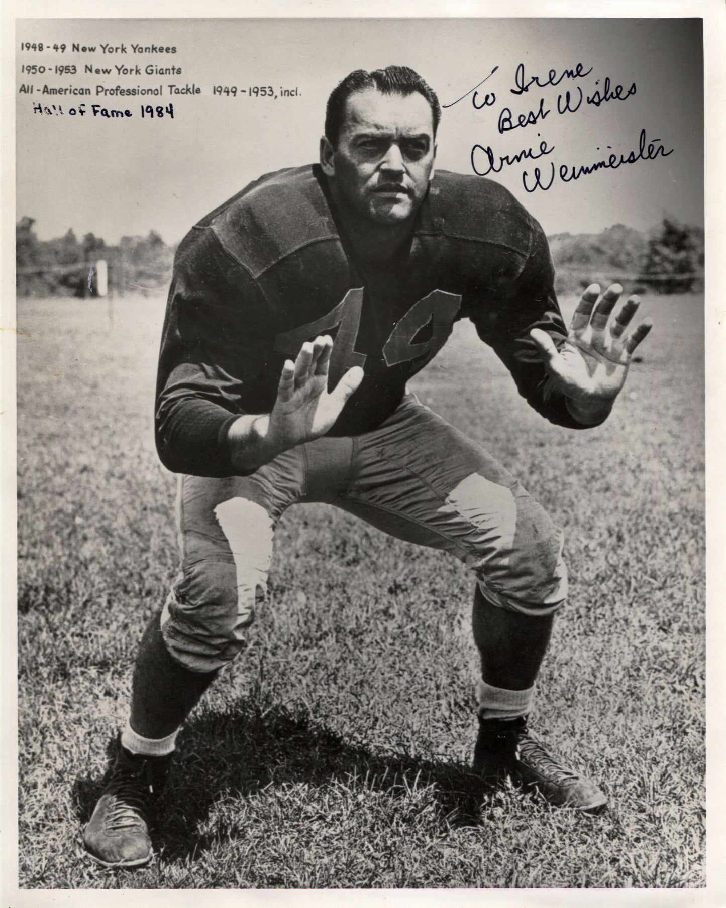 Arnie Weinmeister signed & personalized photo New York Giants FB HOF