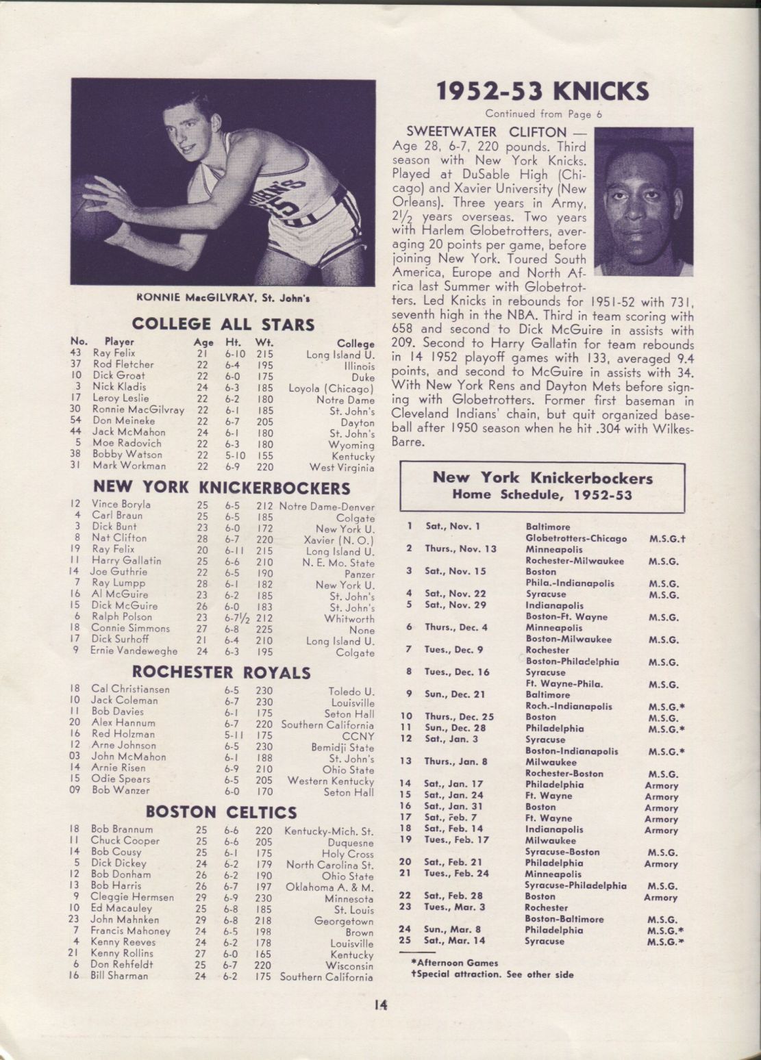 1952 Knicks vs College All-stars Boston Celtics vs Rochester Royals basketball Program