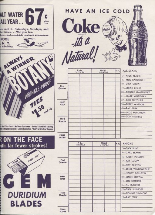 1952 Knicks vs College All-stars Boston Celtics vs Rochester Royals basketball Program