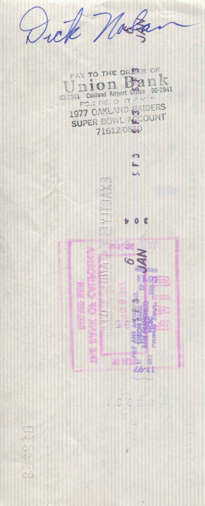 Dick Nolan signed 1976 Oakland Raiders payroll check - 49ers Saints
