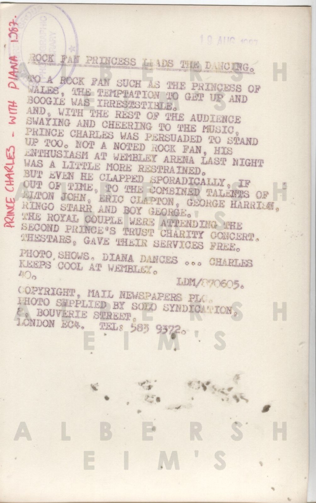 Princess Di Rockin it Out as Charles looks on at Wembley - 1987 Original Photo