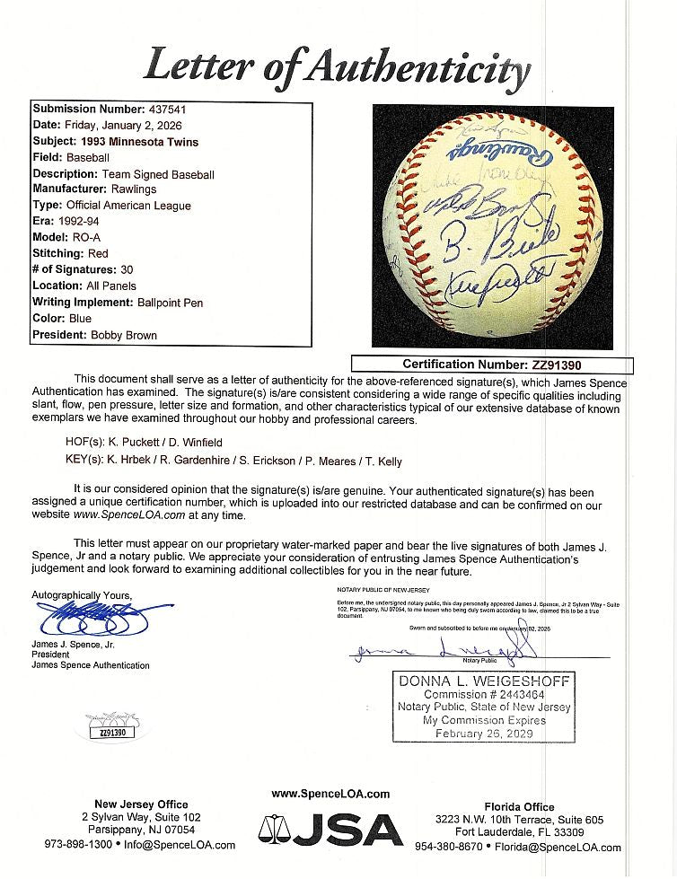 1993 Minnesota Twins Team Signed AUTO Baseball 30 sigs /w Kirby Puckett JSA LOA