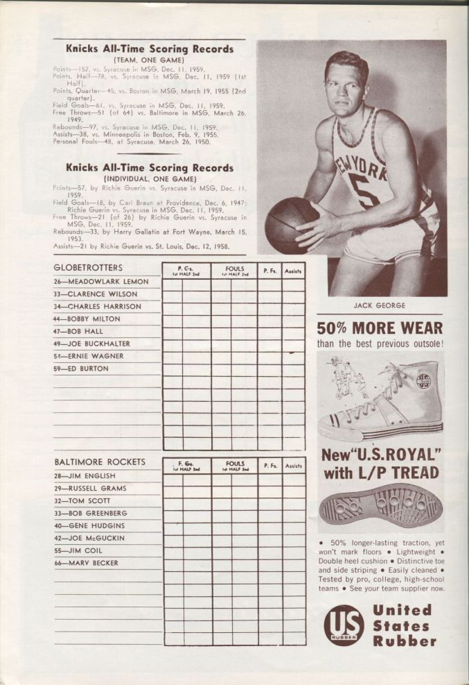 1959 New York Knicks vs Minneapolis Lakers New Years Eve Basketball NBA Program