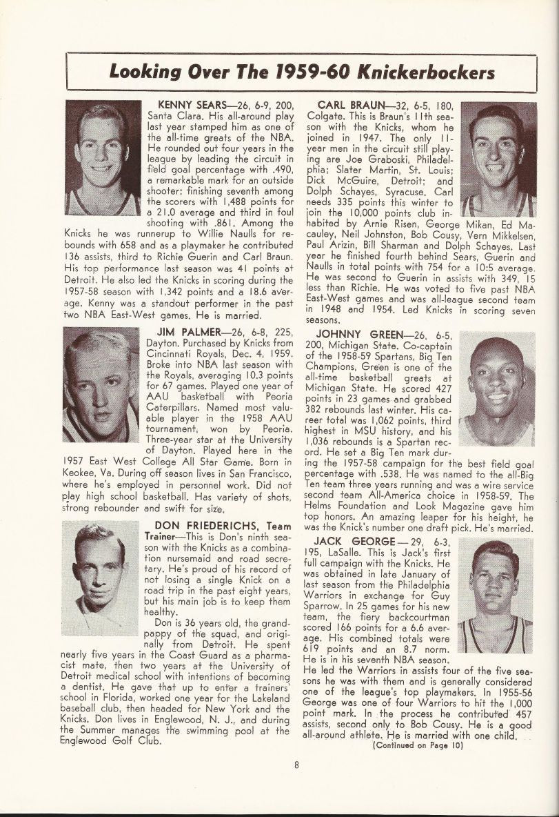 1959 New York Knicks vs Minneapolis Lakers New Years Eve Basketball NBA Program