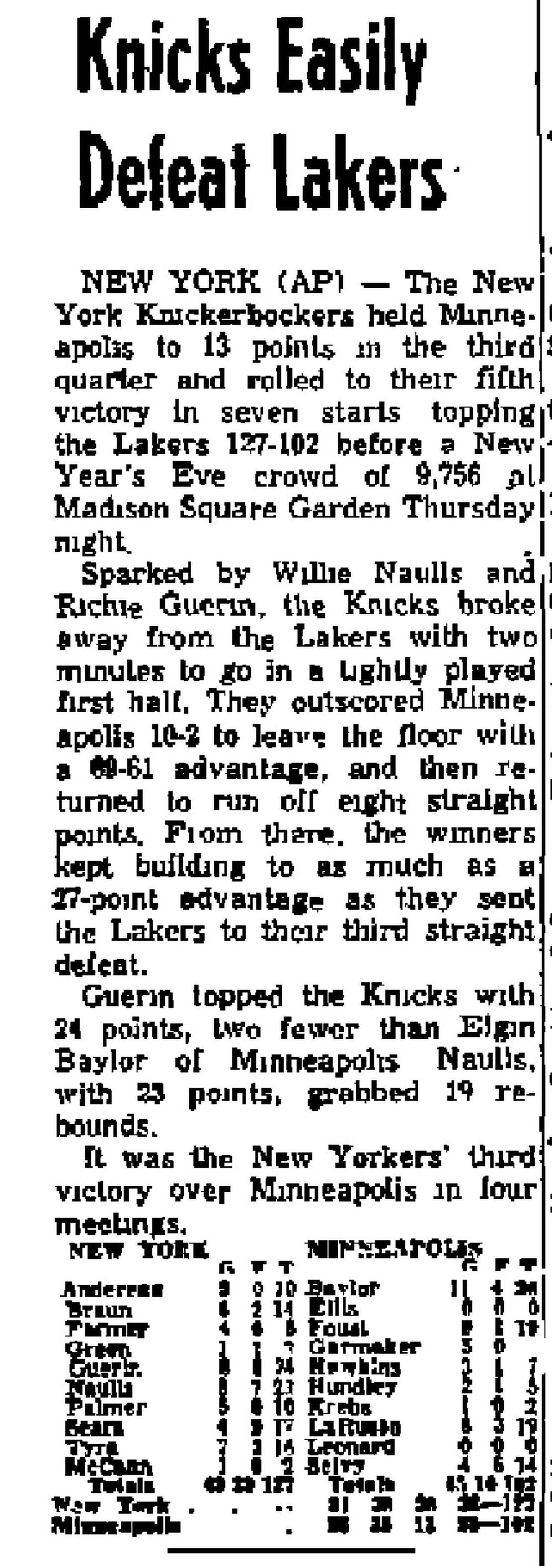 1959 New York Knicks vs Minneapolis Lakers New Years Eve Basketball NBA Program