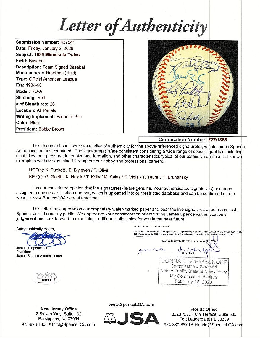 1985 Minnesota Twins Team Signed AUTO Baseball 26 sigs /w Kirby Puckett JSA LOA