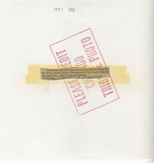 Stan Mikita scores on Jacques Plante original 1962 Stanley Cup photo