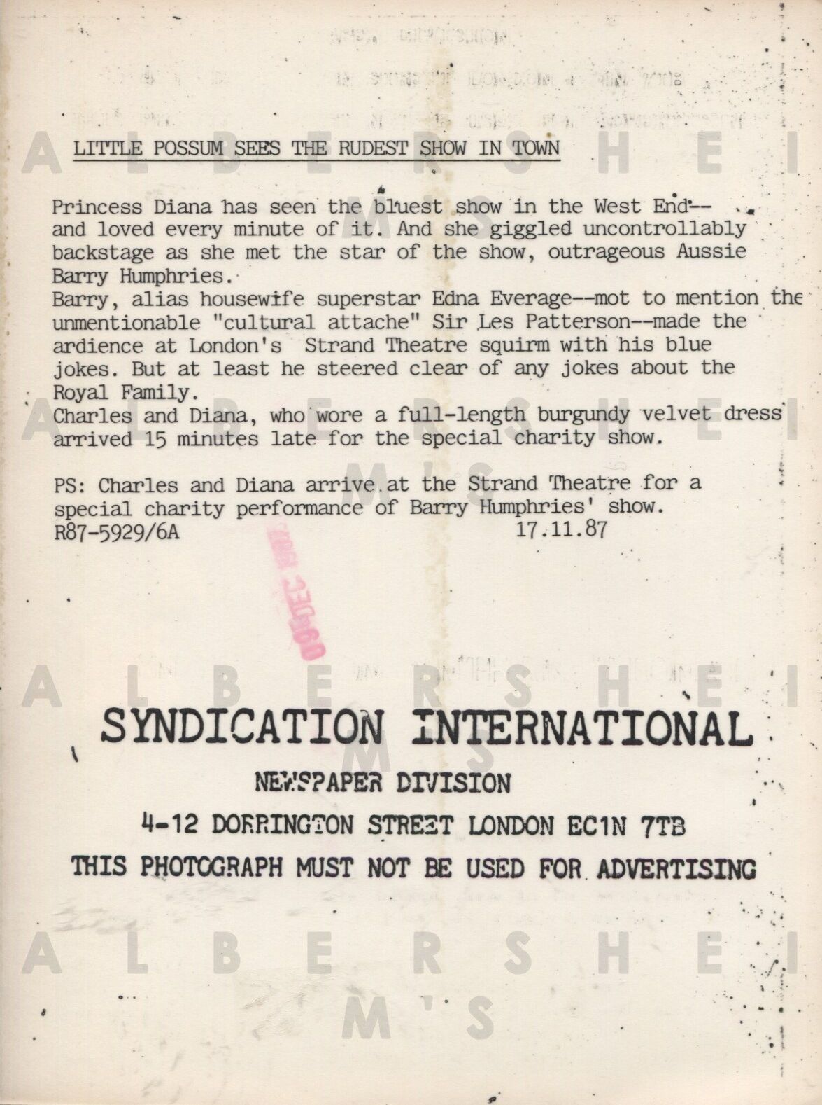 Princess Diana & Prince Charles at Comedy Show 1987 Original Photo