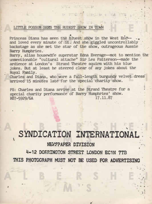 Princess Diana & Prince Charles at Comedy Show 1987 Original Photo