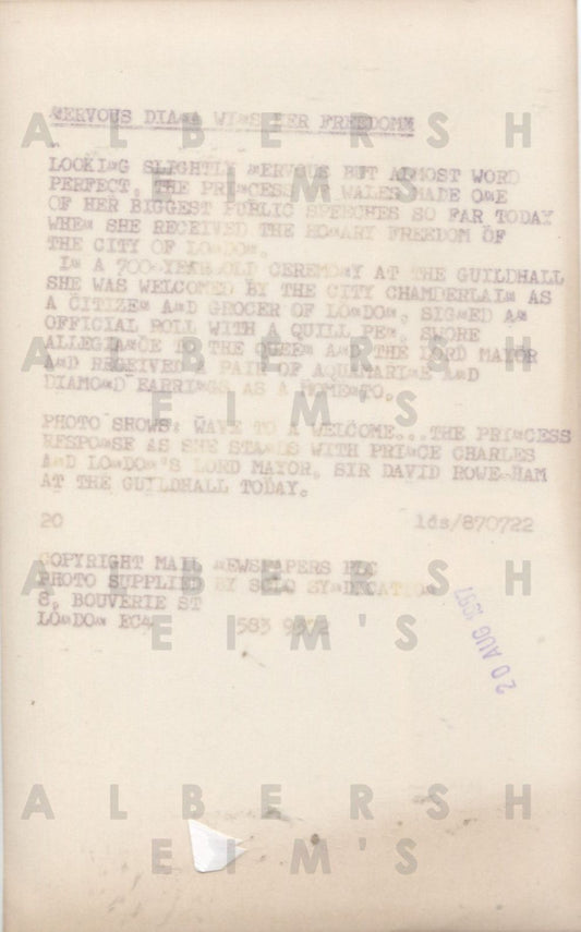 Princess Di receives Honorary Freedom of London - 1987 Original Photo