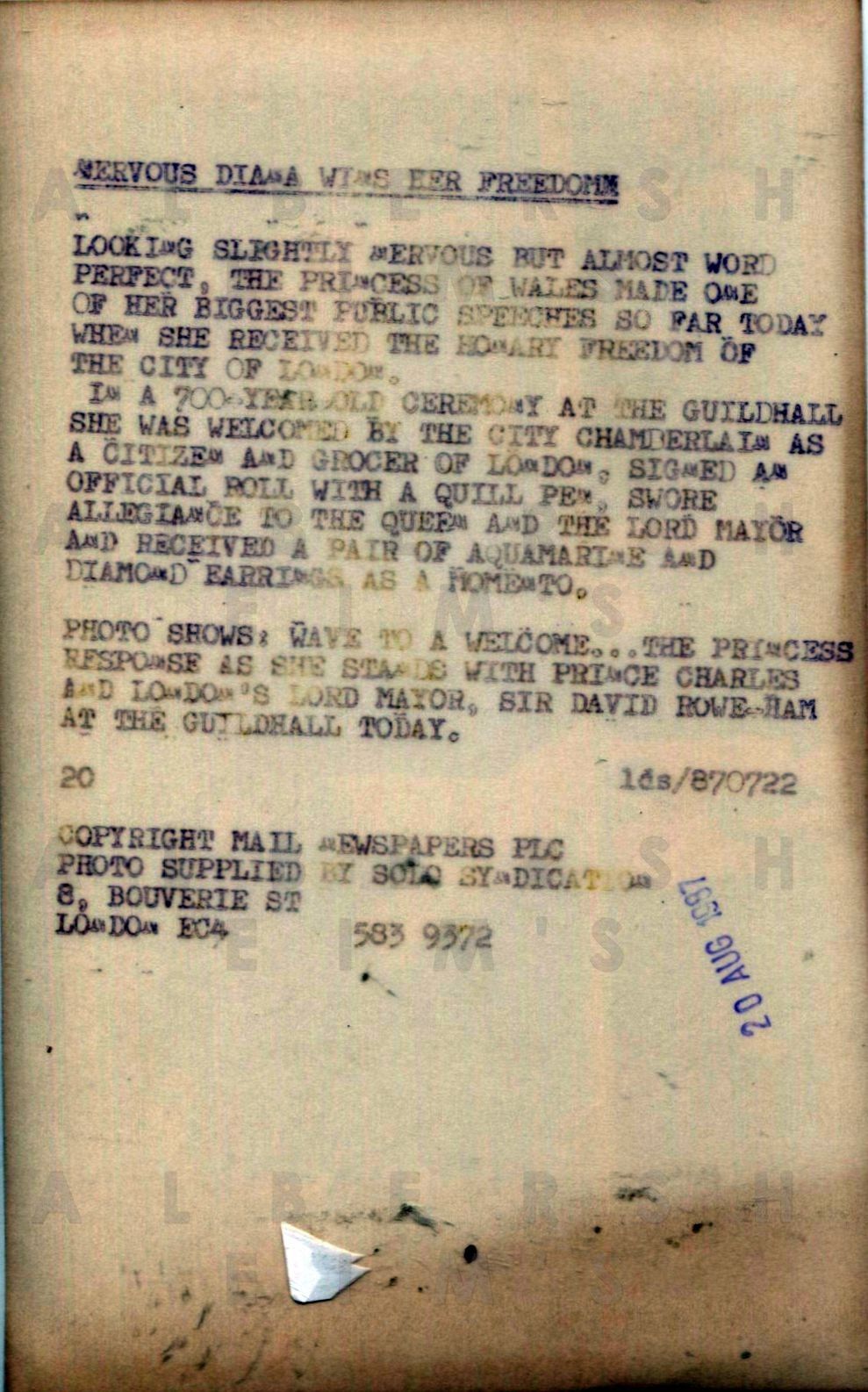 Princess Di receives Honorary Freedom of London - 1987 Original Photo