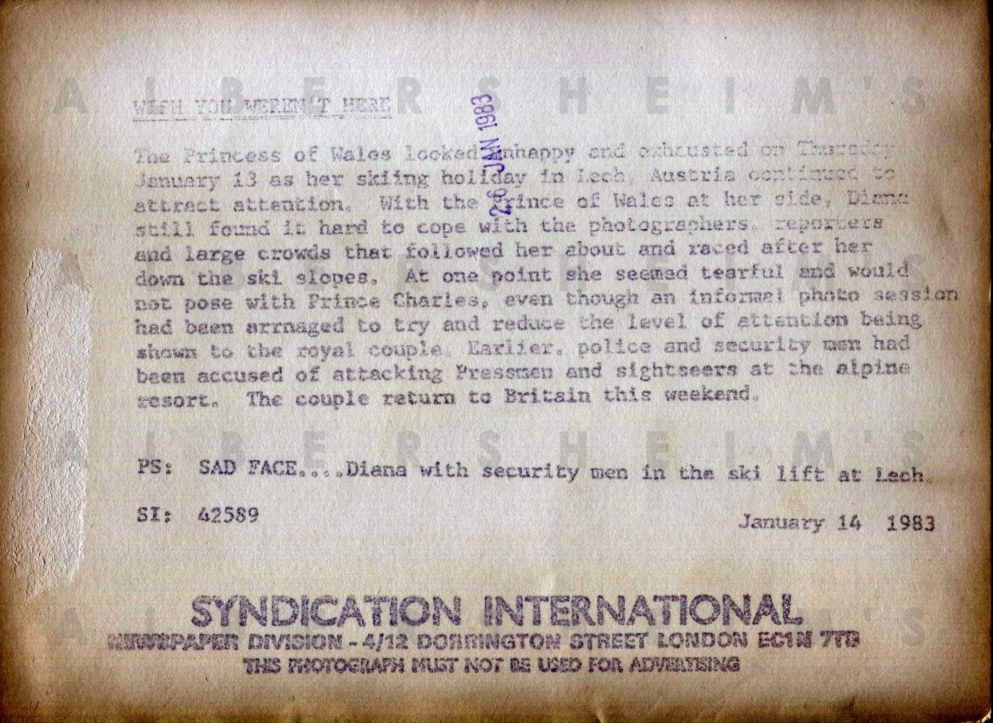 Princess Di skiing in Austria - 1983 Original Photo