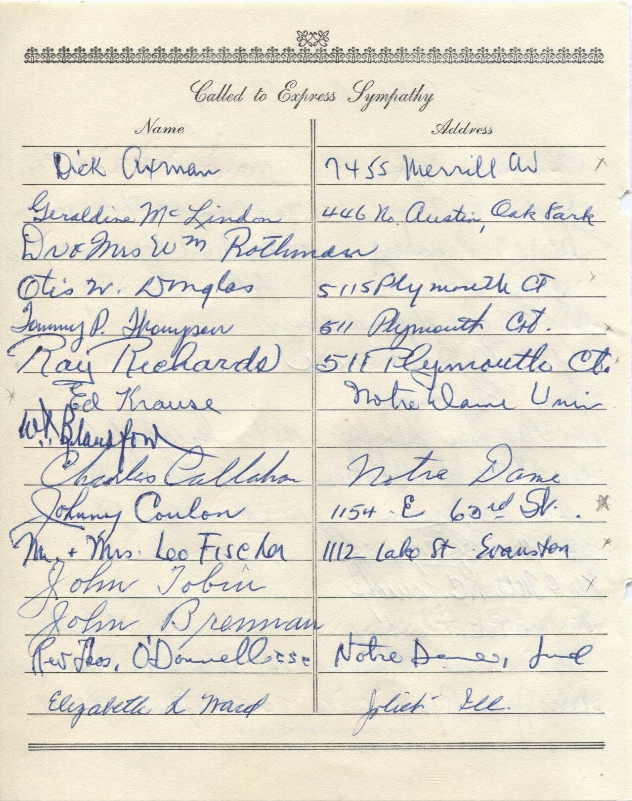 Johnny Coulon Ed Moose Krause Leo H. Fischer multi-signed 1955 Arch Ward Funeral Guest Book Page