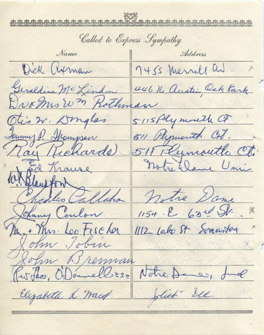 Johnny Coulon Ed Moose Krause Leo H. Fischer multi-signed 1955 Arch Ward Funeral Guest Book Page