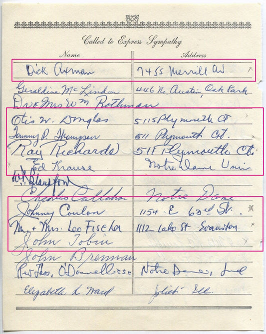 Johnny Coulon Ed Moose Krause Leo H. Fischer multi-signed 1955 Arch Ward Funeral Guest Book Page