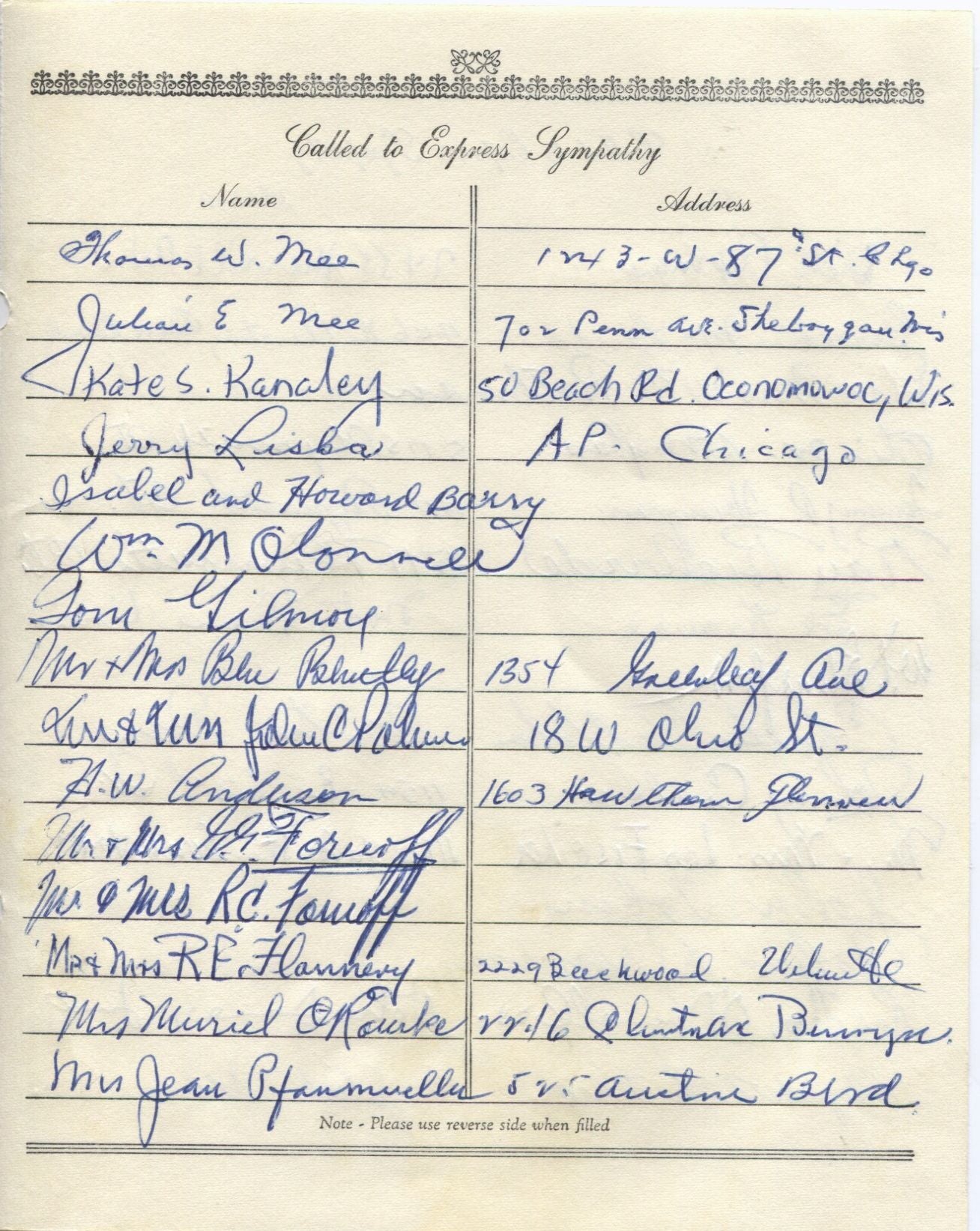 Johnny Coulon Ed Moose Krause Leo H. Fischer multi-signed 1955 Arch Ward Funeral Guest Book Page